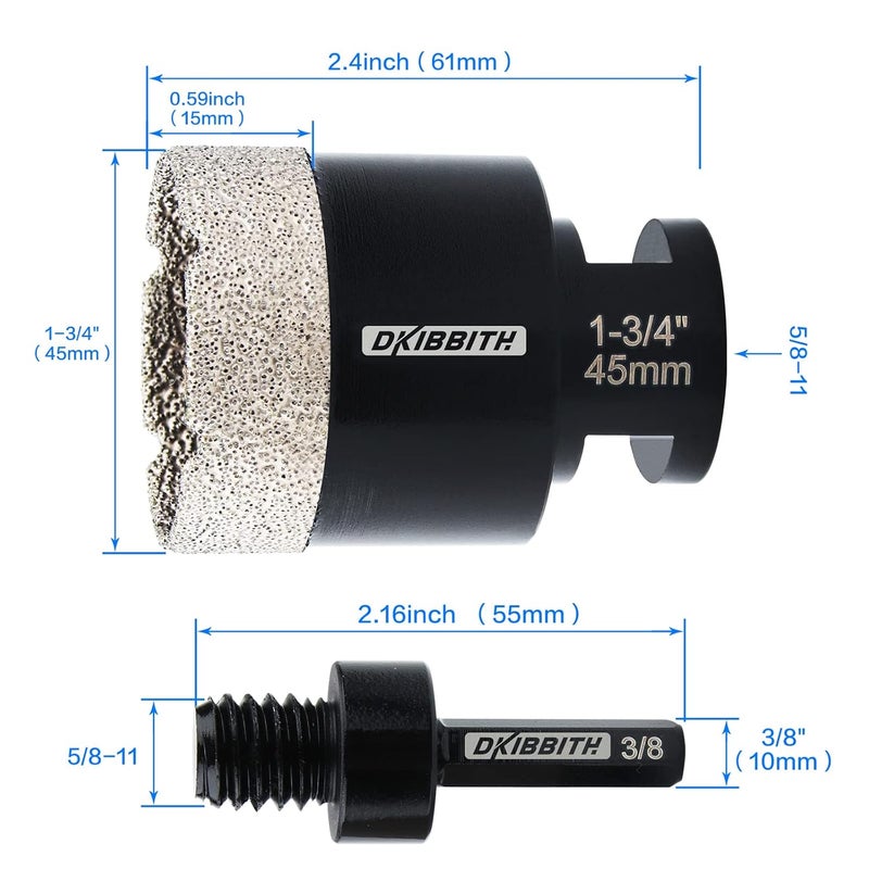 DKIBBITH 1-3/4'' Diamond Hole Saw, Vacuum Brazed Core Bit for Granite Tile Quartzite Marble Concrete Porcelain Ceramic Stones with 5/8-11 Thread Angle Grinders and 3/8” Hex Shank Electric Drills - Image 2